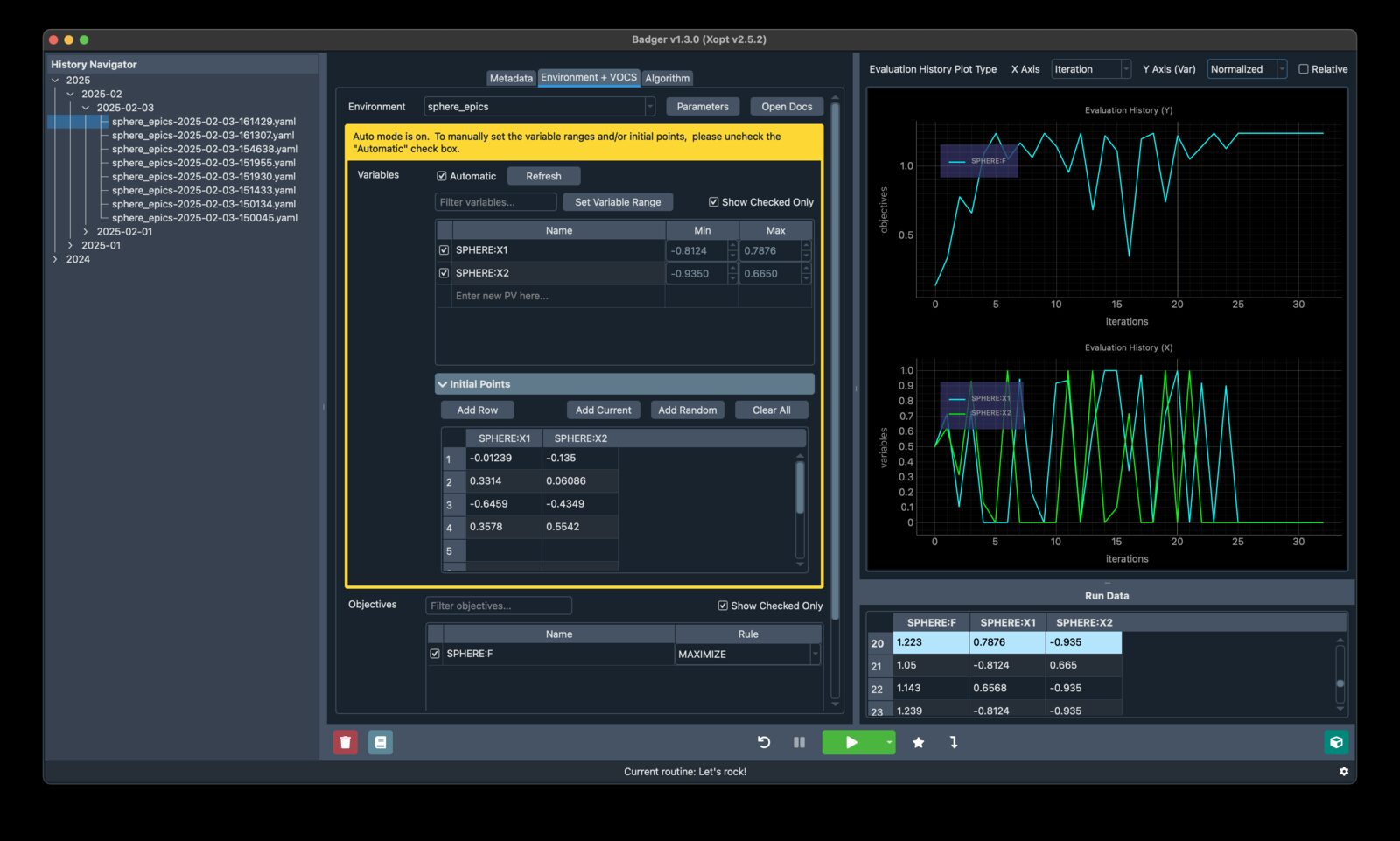 Screenshot of the Badger main window: a history navigator of archived runs by date on the left, the routine editor with variables, bounds, initial points and objectives in the centre, and live plots of objectives and variables with a run-data table on the right.