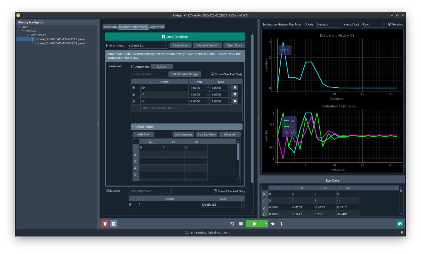 Badger 1.3 main window on a toy problem: a History Navigator with two runs under 2025-05-12 on the left; in the middle the Environment + VOCS tab with variables x0, x1 and x2, their minimum and maximum, an initial-points table and the objective f set to MINIMIZE; on the right live plots of the objective and the variables over about twenty iterations and a Run Data table; run controls along the bottom.