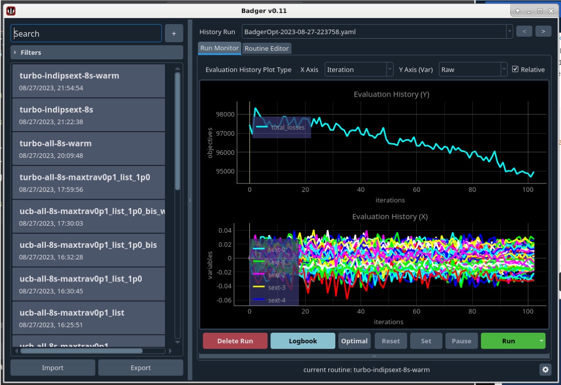 Badger v0.11 run monitor at ESRF: on the left a list of that day's runs dated 08/27/2023 with names like turbo-indipsext-8s-warm; on the right the total_losses objective trending down over the iterations and, below, the relative moves of the sextupole knobs; a row of buttons including Logbook, Optimal, Reset, Set, Pause and Run.