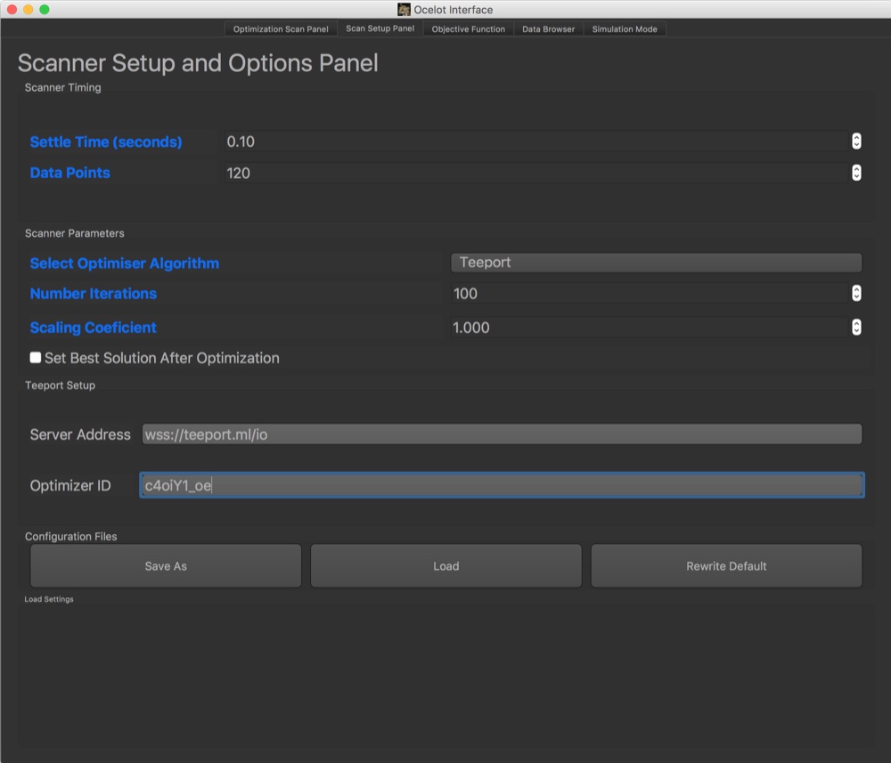 Screenshot of the Ocelot Interface, Scan Setup Panel: Select Optimiser Algorithm is set to Teeport, and a Teeport Setup box has fields for the server address and an optimizer ID.