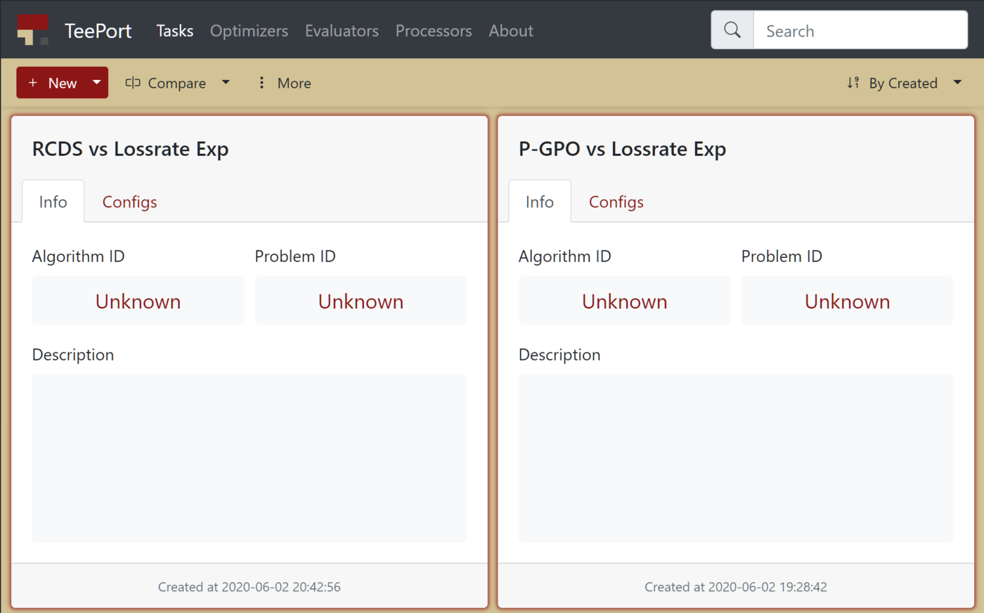 Teeport task list with two selected task cards, RCDS vs Lossrate Exp created at 2020-06-02 20:42:56 and P-GPO vs Lossrate Exp created at 2020-06-02 19:28:42, under a toolbar with New, Compare, More and a By Created sort.